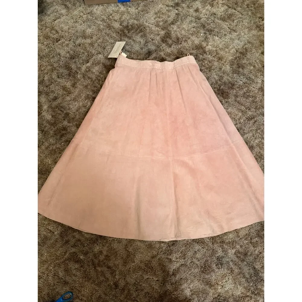 NWT Vintage Pia Rucci Pastel Pink Genuine Suede Leather Midi Skirt Boho A Line